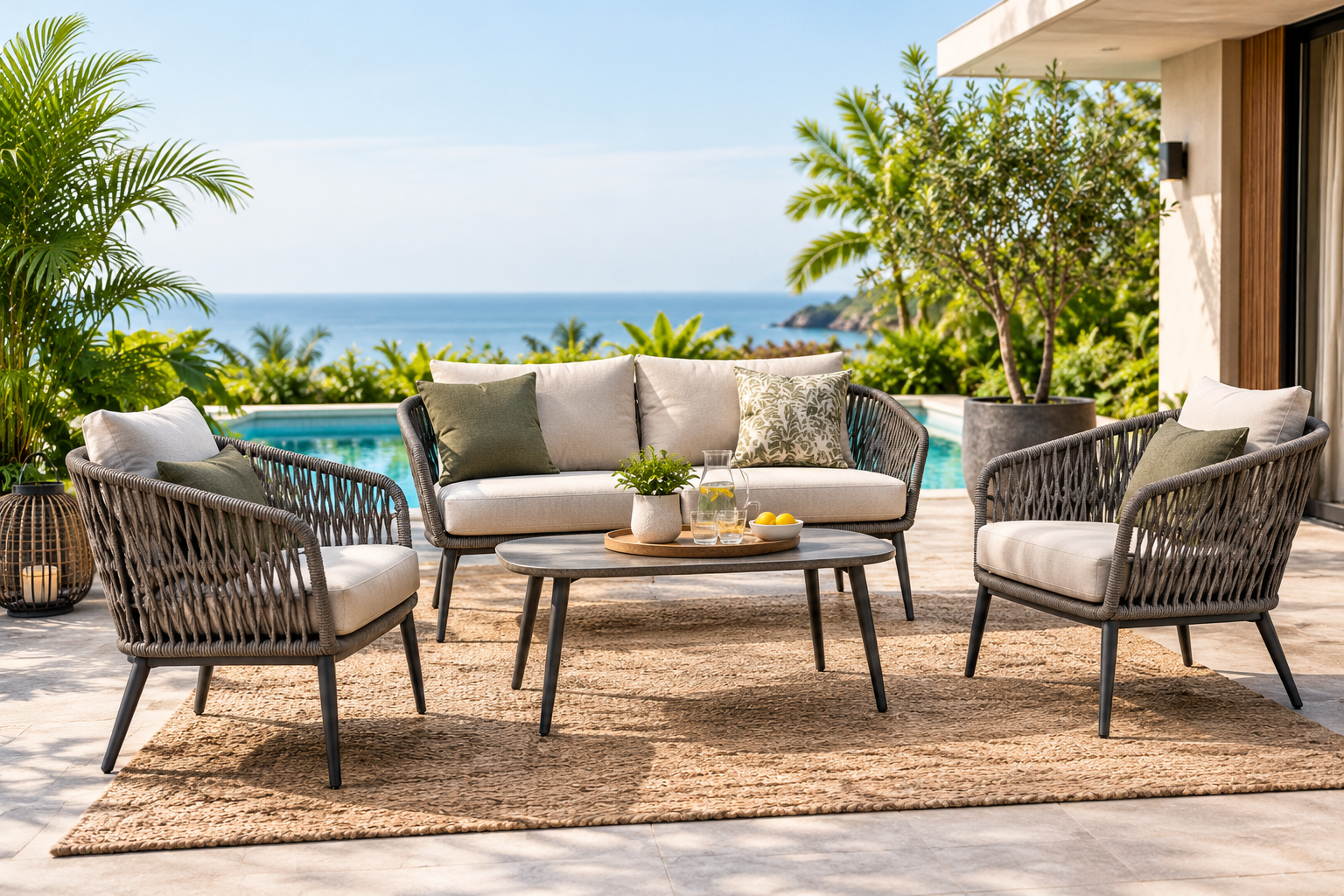 Outdoor seating in lush garden