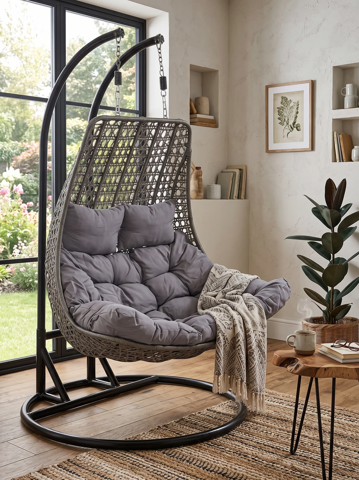 Hindoro 2-Seater Rattan Wicker Swing Chair with Heavy Duty Stand & Cushions Iron Hammock (Black, Gre